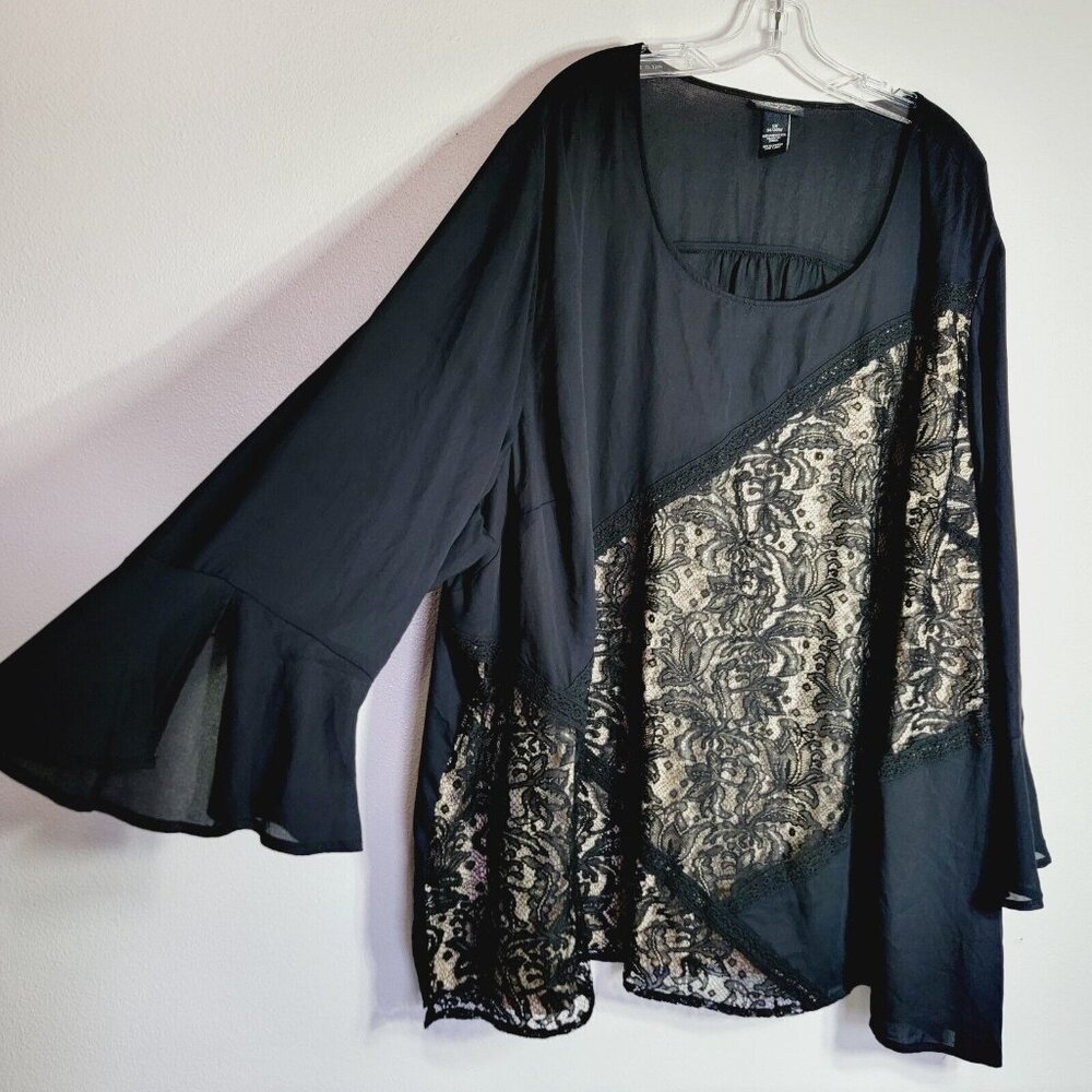 Catherines Black Label Bell Sleeve Top Plus Size 5X 34/36W Lace Overlay Pullover - Picture 2 of 4